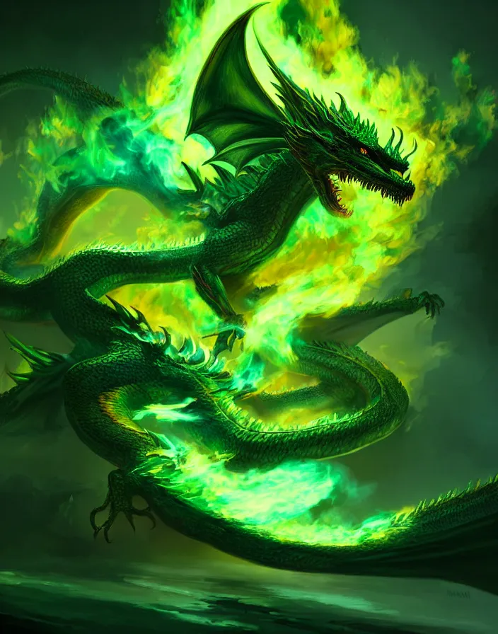 Image similar to Digital painting of a green dragon in flames, hyperdetailed, artstation, cgsociety, 8k