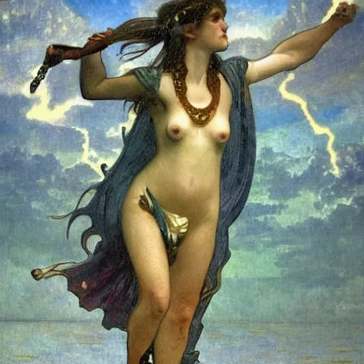 Image similar to Demon girl riding the horse at the palace, refracted sparkles, thunderstorm, greek pool, beach and Tropical vegetation on the background major arcana sky, by paul delaroche, alphonse mucha and arnold böcklin, hyperrealistic 8k, award-winning, very very very detailed