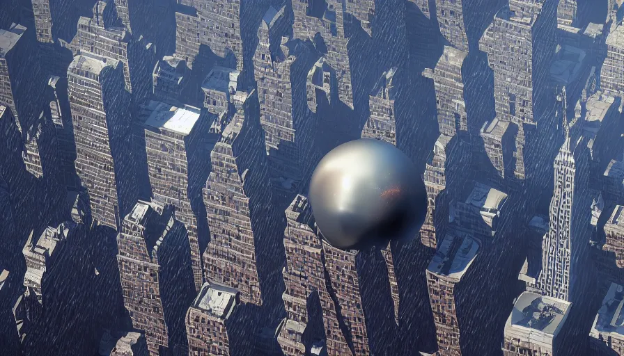 Image similar to giant metallic sphere smashing new york city, hyperdetailed, artstation, cgsociety, 8 k