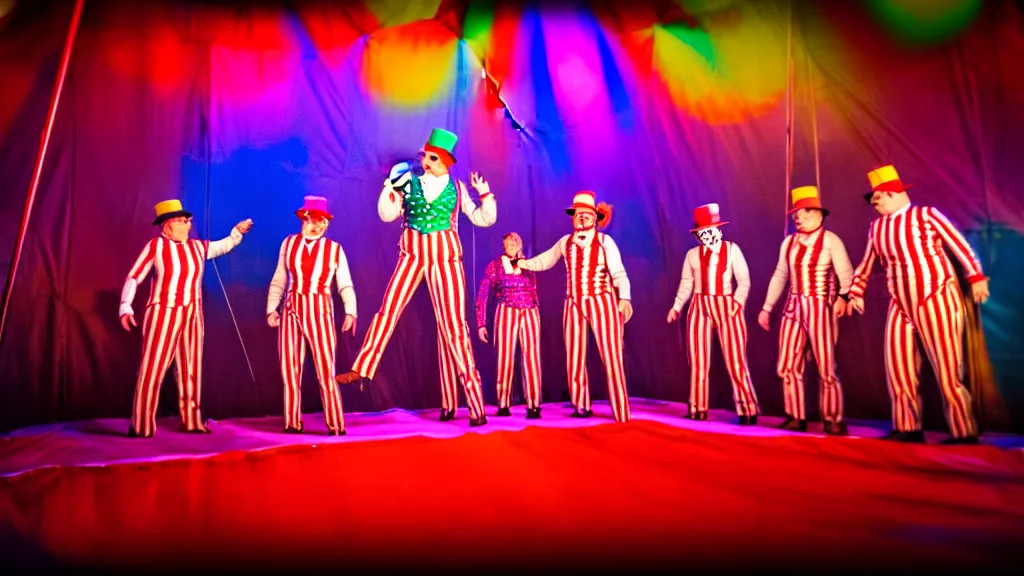 Prompt: of a gang of circus clowns, drinking alcohol, inside a circus tent, 4K