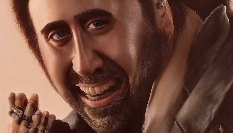 Image similar to nicolas cage is a vampire, hyperdetailed, artstation, cgsociety, 8 k