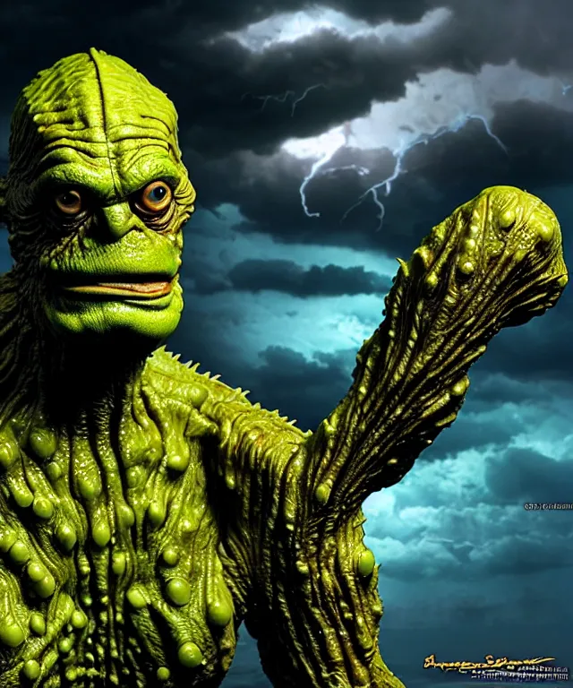 Image similar to hyperrealistic rendering, epic boss battle, cronenberg flesh monster creature from the black lagoon frankenstein, by art of skinner and richard corben, product photography, collectible action figure, sofubi, hottoys, storm clouds, outside, lightning