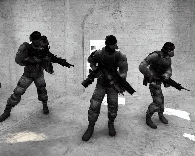 Prompt: counter strike screenshot of a group of soldiers in an abandoned church, high exposure, dark, monochrome, camera, grainy, timestamp, zoomed in, game HUD, source engine footage, CS:GO screenshot, steam community, featured on IGN