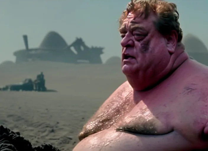 Image similar to john goodman as baron harkonnen in a black oil bath in a still from the film Dune (2021)