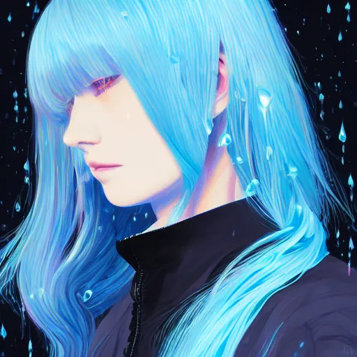 Prompt: water dripping on rimuru tempest, heavenly ripples, sky blue straight hair, bangs, with amber eyes, black jacket, high collar, ultra detailed, euphoric, masterpiece, digital painting, psychedelic, cinematic, wlop, pixiv, swirly, ilya kuvshinov, andy warhol