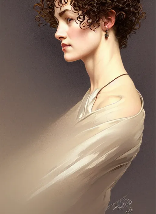 Image similar to symmetry!! portrait of a woman with short curly hair, round face, cottagecore!!, nature, intricate, elegant, highly detailed, digital painting, artstation, concept art, smooth, sharp focus, illustration, art by artgerm and greg rutkowski and alphonse mucha