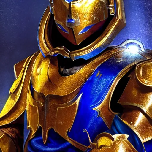 Prompt: portrait of male paladin oath of glory in blue and gold plate armour, halo surrounds his head, no helmet, fantasy, dramatic pose, intricate, detailed, rpg artwork, deep focus, dramatic lighting, volumetric lighting, 8 k, by mariusz lewandowski