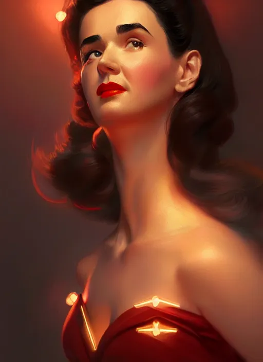 Image similar to portrait of 1 9 5 0 s darna, young jennifer connelly, intricate, elegant, glowing lights, highly detailed, digital painting, artstation, glamor pose, concept art, smooth, sharp focus, illustration, art by wlop, mars ravelo and greg rutkowski