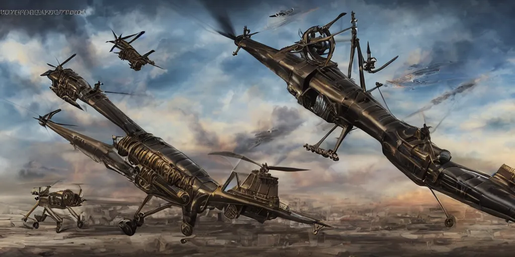 Prompt: war of steampunk attack helicopters with donald trump statue, concept art, industrial design, detailed, 4 k, smooth curves, azure sky