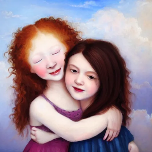 Image similar to a young black haired girl hugging a young ginger haired girl and smiling, beautiful, innocent, angelic, happy, warm, soft lighting, in the clouds, renaissance, beautiful, cherubic, oil painting