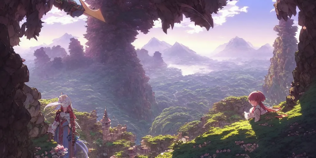 Image similar to the knight and the sword of rose petal, anime, castle core, mountains, rocky roads. by hayao miyazaki and rossdraws and artgerm and greg rutkowski and alphonse mucha and studio ghibli. high quality, stunning, intricate detailed environment. 8 k