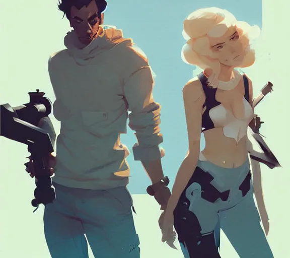 Image similar to portrait jayce and viktor by atey ghailan, by greg rutkowski, by greg tocchini, by james gilleard, by joe fenton, by kaethe butcher, dynamic lighting, gradient light blue, brown, blonde cream and white color scheme, grunge aesthetic