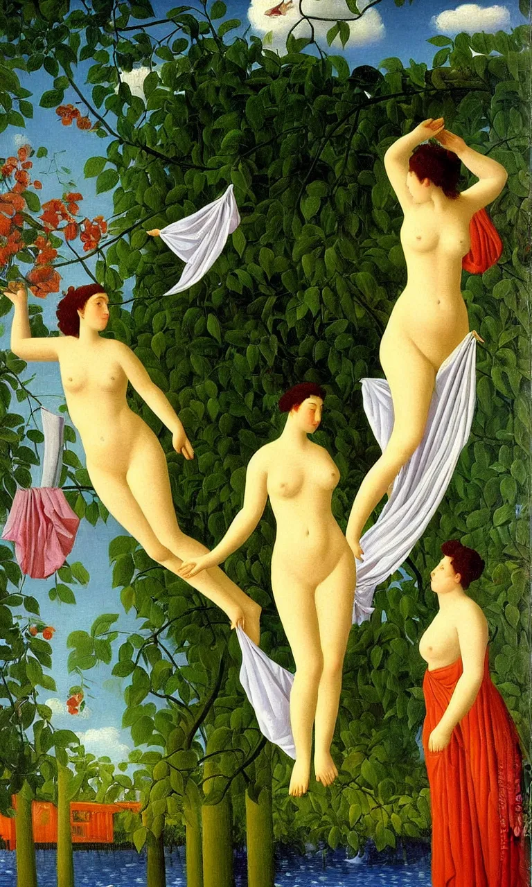 Image similar to the goddess venus emerging from a washing machine. behind her we see sheets of colour bedding hanging on a laundry line. in the background we see a factory. detailed oil painting. henri rousseau. impressionism, colourful