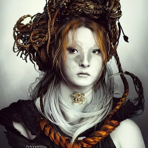 Image similar to portrait of a Shibari rope wrapped face and neck, headshot, insanely nice professional hair style, dramatic hair color, digital painting, of a old 17th century, old cyborg merchant, amber jewels, baroque, ornate clothing, scifi, realistic, hyperdetailed, chiaroscuro, concept art, art by Franz Hals and Jon Foster and Ayami Kojima and Amano and Karol Bak,