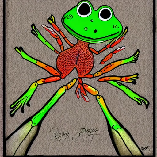 Image similar to a frog with crab legs, digital art