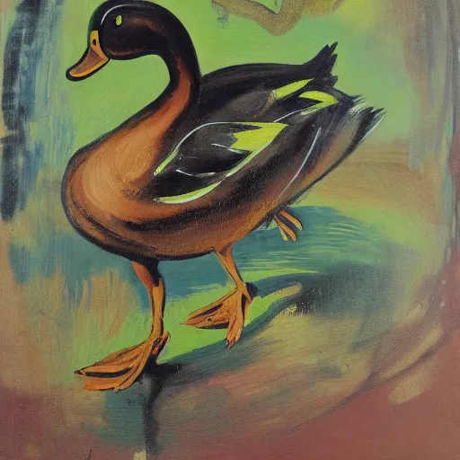 Prompt: a duck on the prowl oil painting graham sutherland