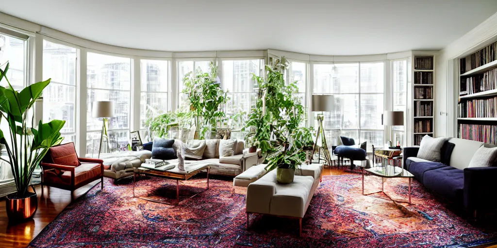 Prompt: wide angle photograph, atmospheric, realistic lighting, light bloom sunlight, nature outside, reflections, mirror sphere, award winning contemporary interior design by nate berkus living room, city apartment cozy calm, plants, fabrics textiles, colorful accents, brass copper, many light sources, lamps, hardwood floors, white rug, book shelf small library, couchm desk, mirrors