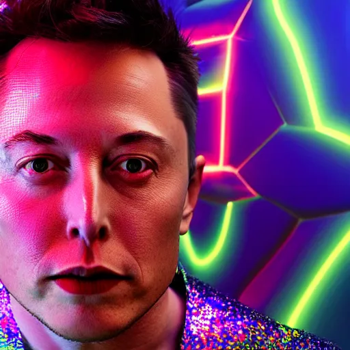 Prompt: 3d render of Elon Musk as a holographic human robotic head made of glossy iridescent, surrealistic 3d illustration of a human face non-binary, non binary model, 3d model human, cryengine, made of holographic texture, holographic material, holographic rainbow, concept of cyborg and artificial intelligence