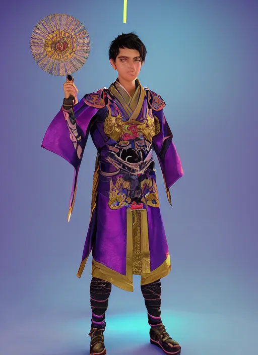 Image similar to An epic fantasy comic book style portrait painting of teenager boy with straight indigo hair, purple eyes with red eye markers, slim body, wearing a detailed Japanese kimono with golden armor pieces, holding a japanese fan. Unreal 5, DAZ, hyperrealistic, octane render, cosplay, RPG portrait, dynamic lighting