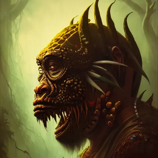 Prompt: side profile of barong family member, wiwek, mara demon, one single tribe member, jungle, one single mask, dark, ancient warrior, gorilla, lizard, tribal, inner glow, paint by peter mohrbacher