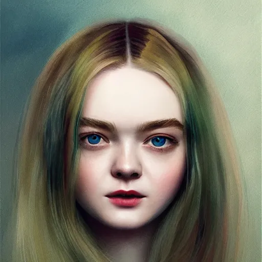 Prompt: professional painting of Elle Fanning in the style of Hsiao-Ron Cheng, head and shoulders portrait, symmetrical facial features, smooth, sharp focus, illustration, intricate, stormy weather, extremely detailed masterpiece,