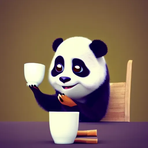 Image similar to a cute panda with big eyes looking at a cup of coffee, bamboos on background. Pixar Disney 4K 3d render funny animation movie Oscar winning trending on ArtStation and Behance. Ratatouille style.