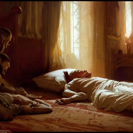 Image similar to the pope laying down in his bed, terrified, because a double horned shadow demon is in the bedroom. highly detailed painting by gaston bussiere, greg rutkowski, craig mullins 8 k