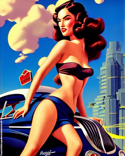 Prompt: beautiful retro space megan fox varga girl posing on a car in diesel punk city, windblown dark hair, retro pinup model, seductive, 1 9 4 0, hyper detailed, digital art, smooth, sharp focus, gil elvgren, anna dittmann alberto vargas,