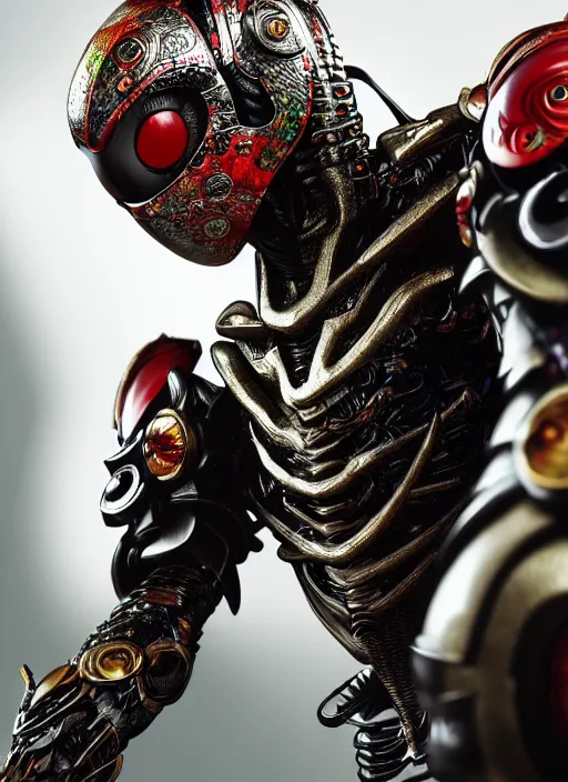 Prompt: japan kamen rider with oval eyes, intricate detail, royo, whealan, giger, klimt, hd, octane render, unreal engine,