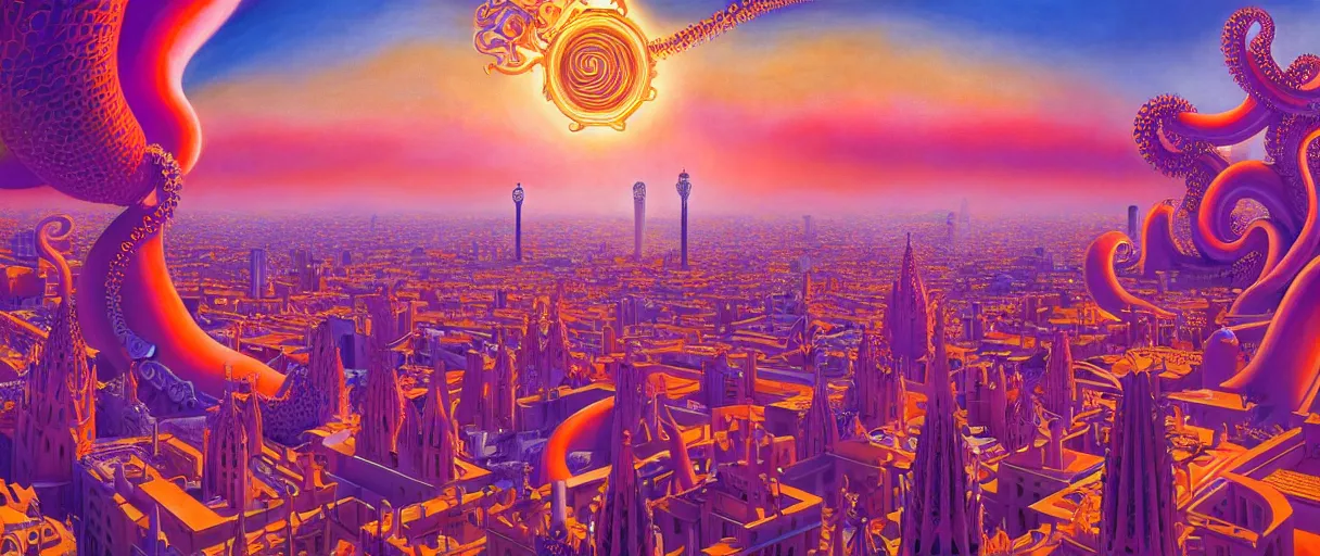 Prompt: hyper-ornate sky city of barcelona on giant orange and purple cyborg tentacles coming out of puffy clouds matte painting concept art alex grey kay sage sorayama cinematic soft red lighting high angle hd 8k sharp shallow depth of field