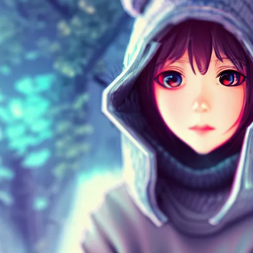 Image similar to advanced anime character art render, beautiful anime girl wearing a whale skin hoodie outfit ,blue watery eyes, mid close up shot , medium shot, Rossdraws, WLOP , Sakimimichan