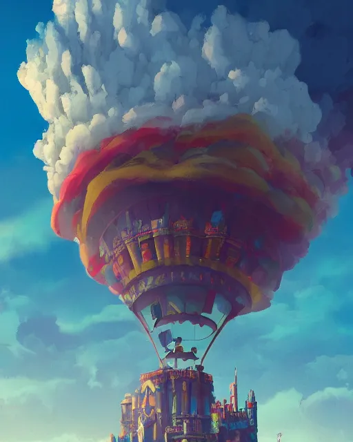 Image similar to flying cloud castle, buildings, baloons, machines, bright, blue sky, mountains, colorful, cinematic lighting, fantasy, high detail, illustration, masterpiece, artstation, 4 k, art by wylie beckert