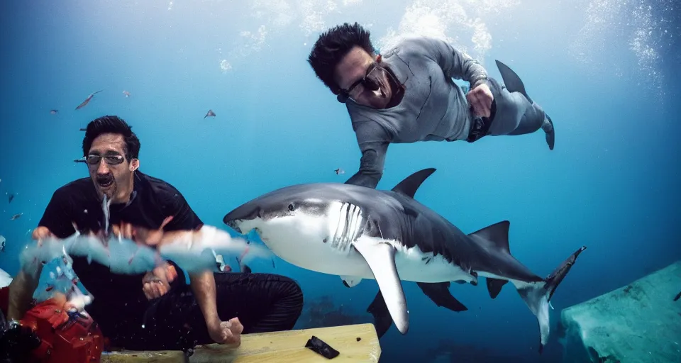 Prompt: Markiplier punching a shark underwater, photograph