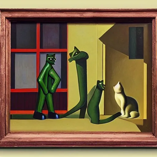 Image similar to cat robots, grant wood, pj crook, edward hopper, oil on canvas