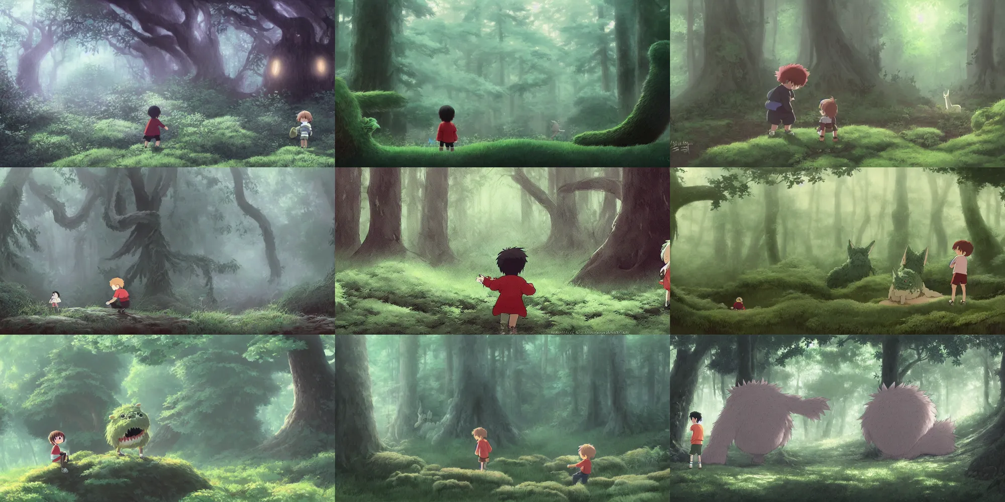 Image similar to a small boy discovers a giant cute fluffy monster in a misty forest, painting by studio ghibli, cgsociety