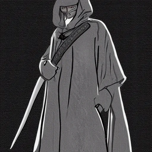 Image similar to a simple illustration of a man in a grey cloak holding a katana