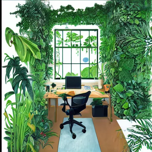 Image similar to home office with lush vegetation by Studio Ghibli