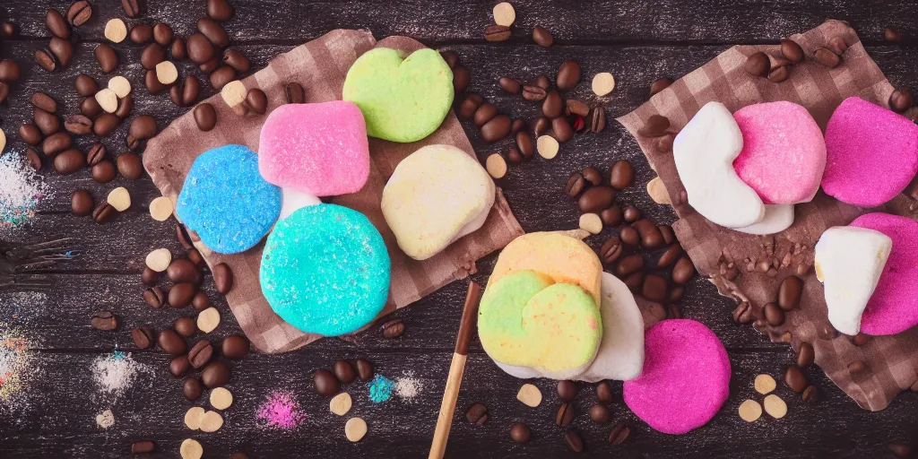 Image similar to photograph of a marshmallow treats with sprinkles and on a dark wooden chopping board, pastel colours, hessian cloth, styled food photography, photorealistic, 4 k, coffee, chocolate, hdr, 8 k