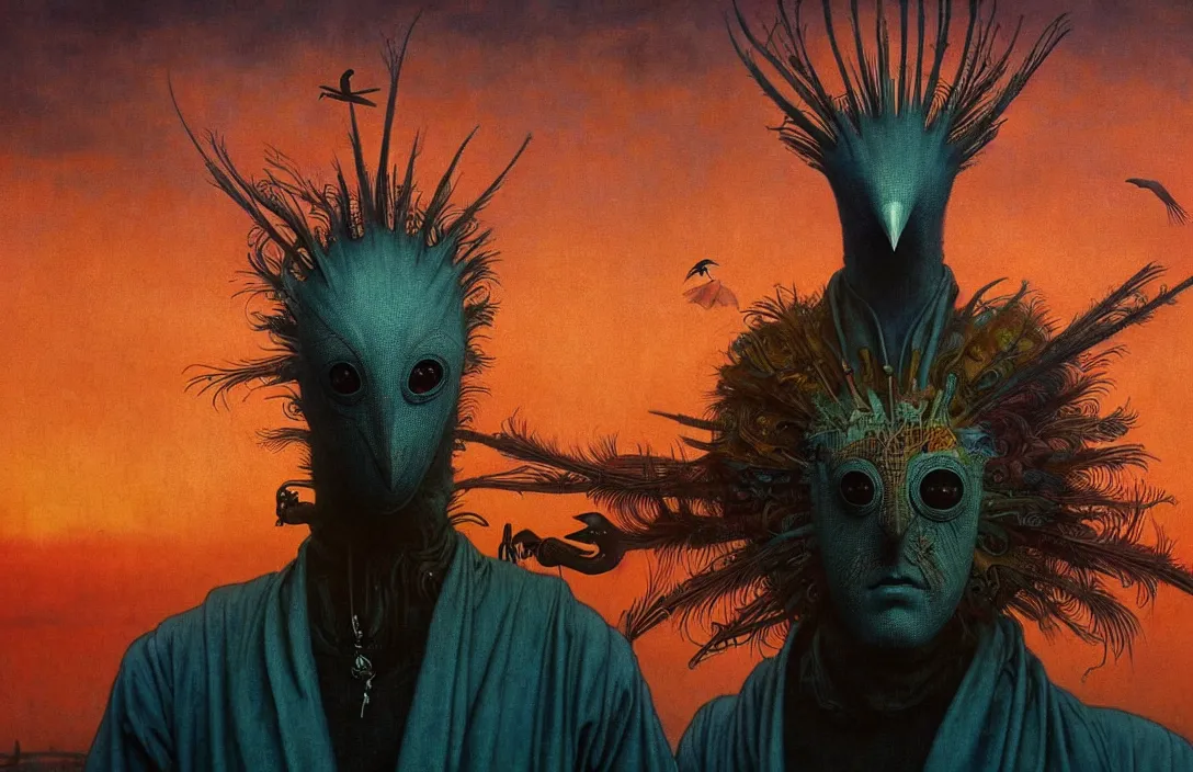 Image similar to realistic detailed portrait movie shot of a birdman in dark ragged robes, futuristic city sunset landscape background by denis villeneuve, amano, yves tanguy, alphonse mucha, ernst haeckel, max ernst, alejandro jodorowsky, masterpiece, rich moody colours, bird head, blue eyes, hyperdetailed