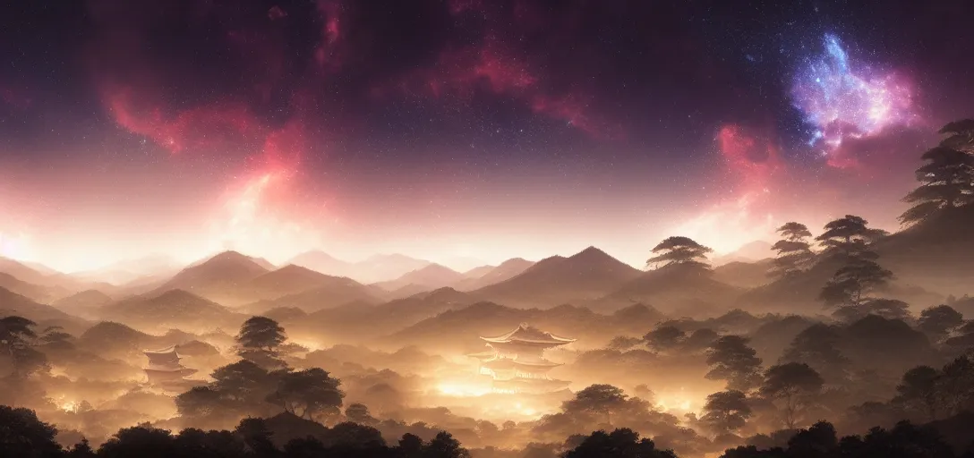 Prompt: very beautiful view of an ancient japanese city at night, temples, trees, mountains in the background, galaxy nebula, dramatic clouds, glowing fog, dramatic lighting, ultra detailed, sharp, ambient occlusion, raytracing, by greg rutowski, paul chadeisson and jessica rossier