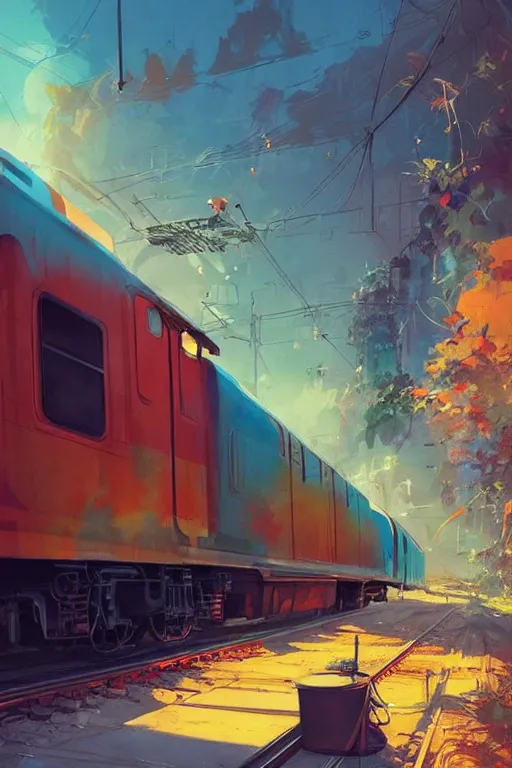 Prompt: trains covered colorful graffiti with paint drip, greg rutkowski, and moebius and loish and artgerm, painterly, illustration, sunset lighting, beautiful artist rendering, gorgeous