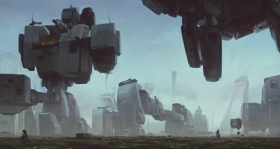 Image similar to Landscape with GIANT mechatronics megastructure looming in the distance fighting each other, inspired by gundam, cinematic, rendered by simon stålenhag, rendered by Beeple, Makoto Shinkai, syd meade, environment concept, digital art, unreal engine, 3 point perspective, WLOP, trending on artstation, low level, 4K UHD image, octane render,