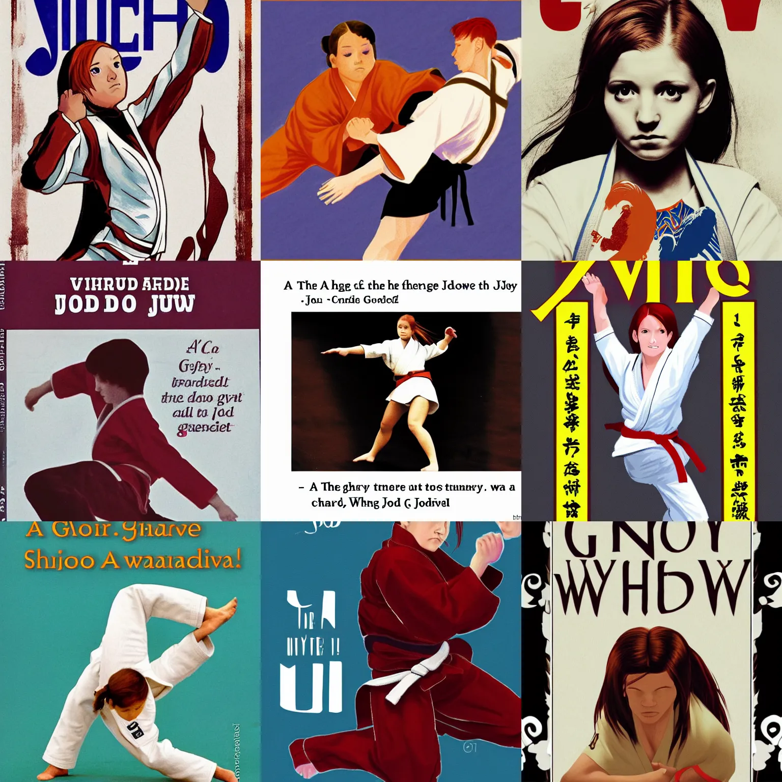 Prompt: A book, the cover art is an image of Ginny Weasley competing in a judo tournament, wearing a white gi