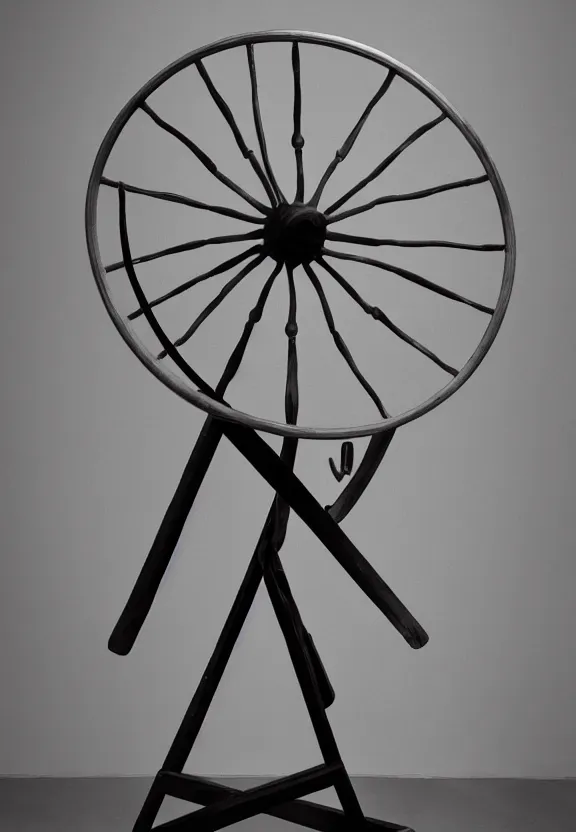 Image similar to a spinning wheel sitting on top of a stool, a surrealist sculpture by marcel duchamp, behance, fluxus, studio portrait, academic art, studio light