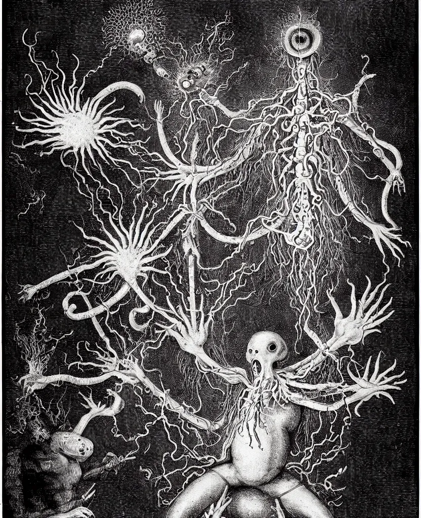 Image similar to fiery freaky creature sings a unique canto about'as above so below'being ignited by the spirit of haeckel and robert fludd, breakthrough is iminent, glory be to the magic within