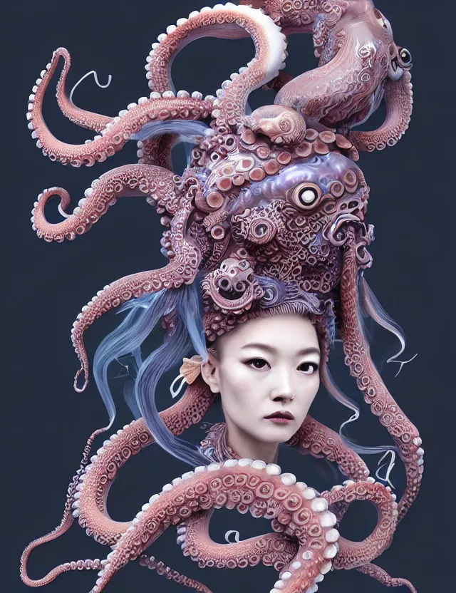 Image similar to 3 d goddess octopus half - turn portrait with long hair with ram skull. beautiful intricately detailed japanese crow kitsune mask and clasical japanese kimono. betta fish, jellyfish phoenix, bio luminescent, plasma, ice, water, wind, creature, artwork by tooth wu and wlop and beeple and greg rutkowski