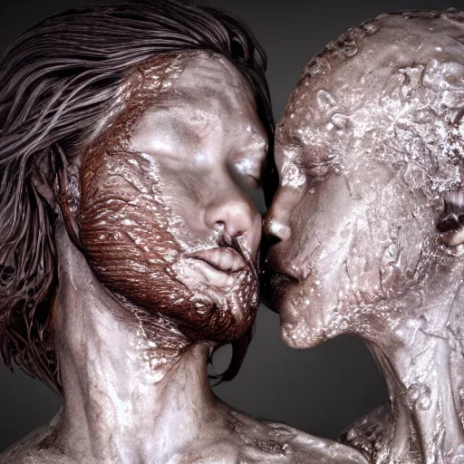 Prompt: Crowd of Two detailed human lovers made of wax kissing and melting, digital art, high detail,ethereal, dramatic lightning, rim light, hyperrealistic, photorealistic, octante render, elegant, cinematic, high textures, hyper sharp, 8k, insanely detailed and intricate, graphic design, cinematic atmosphere, hypermaximalist, hyper realistic, super detailed, 4k HDR hyper realistic high quality, unreal engine 5