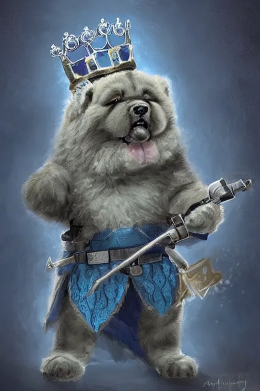 Image similar to cute anthropomorphic blue tong chow chow knight wearing a cape and a crown and holding a sniper, tiny, small, miniature chow chow, baby animal, short, pale blue armor, cute and adorable, pretty, beautiful, DnD character art portrait, matte fantasy painting, DeviantArt Artstation, by Jason Felix by Steve Argyle by Tyler Jacobson by Peter Mohrbacher, cinematic lighting