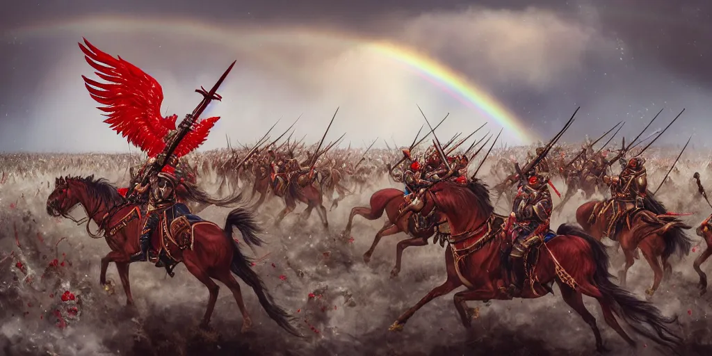 Image similar to Majestic powerfull red white Winged Hussars cavalry horde charging at ugly rainbow demons and trolls on ground, huge golden cross above them on the sky, white red eagle helping hussars, blood, snow, wide angle, professional kodak lenses, magic, fire, face painting, dramatic lighting, intricate, wild, highly detailed, digital painting, artstation, concept art, smooth, sharp focus, illustration, art by artgerm and greg rutkowski and alphonse mucha, footage from space camera