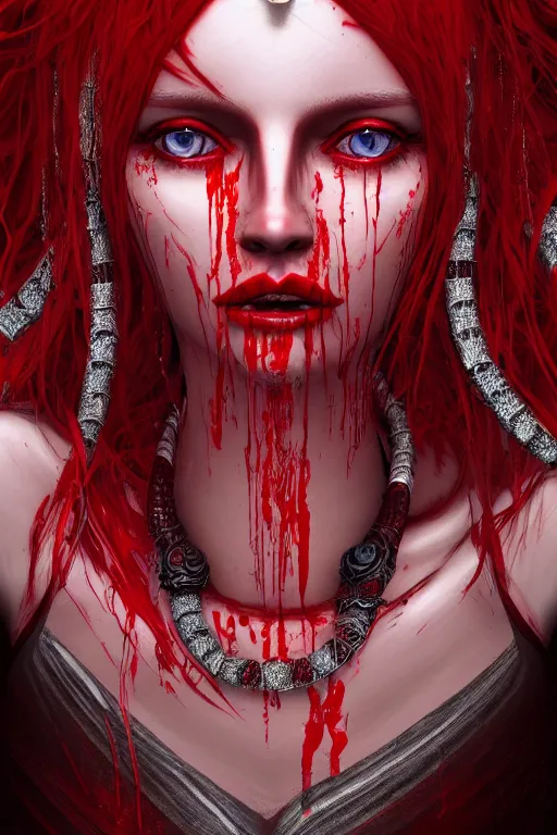 Prompt: portrait of the blood goddess, deep blue eyes, ocean waves in eyes, enigmatic beauty, dominant shades of crimson and red and black, 3 d render, digital art, oriental silver ornaments, artstation